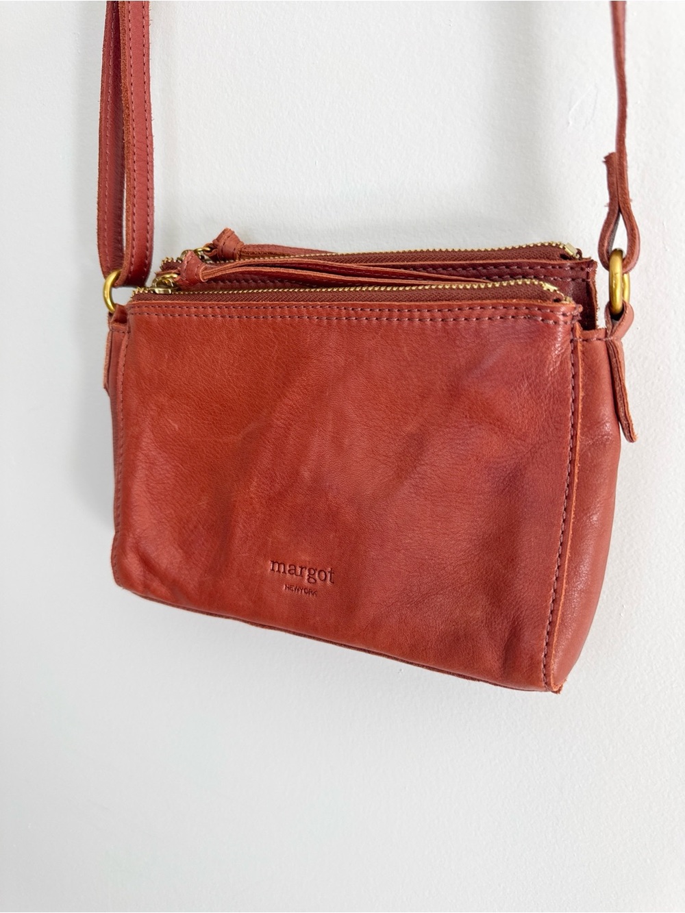 Margo New York Double Zip Brown Leather Crossbody
